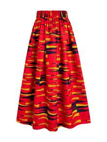 Women's Red African Wax Print High Waist Pleated Maxi Skirt - Red - View 2