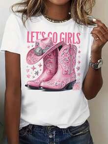 Women's Western Country T-Shirt, "Let's Go Girls" Sparkly Cowgirl Boots Print 100% Cotton Short Sleeve Top - White - View 7