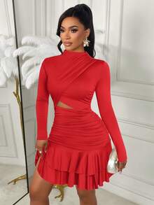 AIJ Women's Elegant Long Sleeve Short Dress, Mock Neck Waist Hollow Out Ruched Double Layer Ruffle Hem Short Dress, Red Autumn Holiday Night Out Party Dress - True Red - View 8