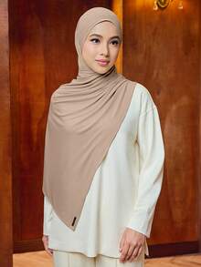 1Pc Instant Knit Hijab For Women - Soft Stretchy Solid Color Muslim Shawl, Breathable Islamic Headscarf, For Daily Prayer & Casual Outfits - Khaki - View 2