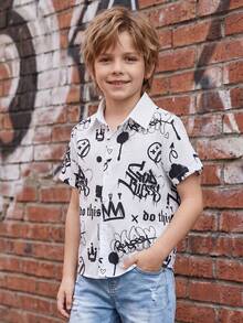 1pc Young Boy Black & White Splatter Short Sleeve Polo Collar Graffiti Crown & Letter Print T-Shirt, Cool Boys Shirt, Summer Kids Casual Polo Shirt, Suitable For Local Children's July 4th Shirt, 5 Years Old Boys Clothing, Clothing, Kindergarten Shirt - White - View 3