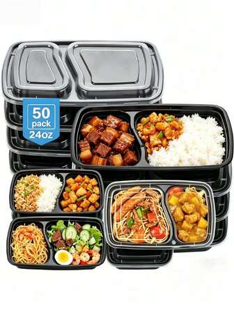 50/20/10/1pc Reusable Dual-Compartment Lunch Box With Lid, Durable Leak-Proof, Microwave, Freezer, Dishwasher , Portable For Takeout, Black