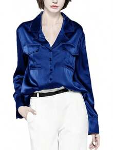 Blusa formal de manga larga brillante con bolsillos de solapa para mujer - Azul - Ver 7