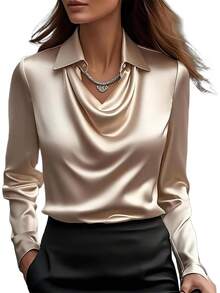 sa de satén con cuello dudete para mujer Genérico – Elegantes blusas de seda de manga larga, camisas de trabajo casuales y elegantes para oficina, invitadas de boda y atuendos escolares 2025 - Amarillo - Ver 1