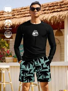 Set de 2 piezas de traje de baño para hombre con estampado de árbol de coco, de manga larga y shorts, hawaiano, para vacaciones - Multicolor 2 - Ver 8