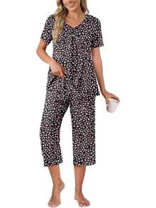 Anyally - Conjunto de pijama de verano para mujer, camisa de manga corta y pantalones capri de 2 piezas, pijama plisado con bolsillos - Malva plisada - Ver 13