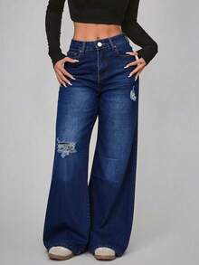 Jeans Rectos de Mezclilla Azul  Lavado con Roturas - Azul lavado oscuro - Ver 2
