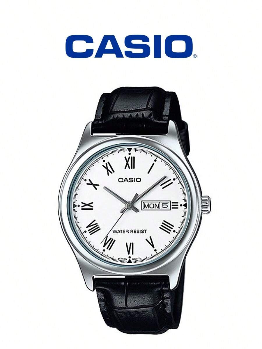 Casio 男士石英手錶，皮革錶帶，白色羅馬數字錶盤，日期顯示，三針類比，商務休閒手錶，適合男士的理想禮物，日常佩戴 MTP-V006L-7B - 白色 - 查看 1