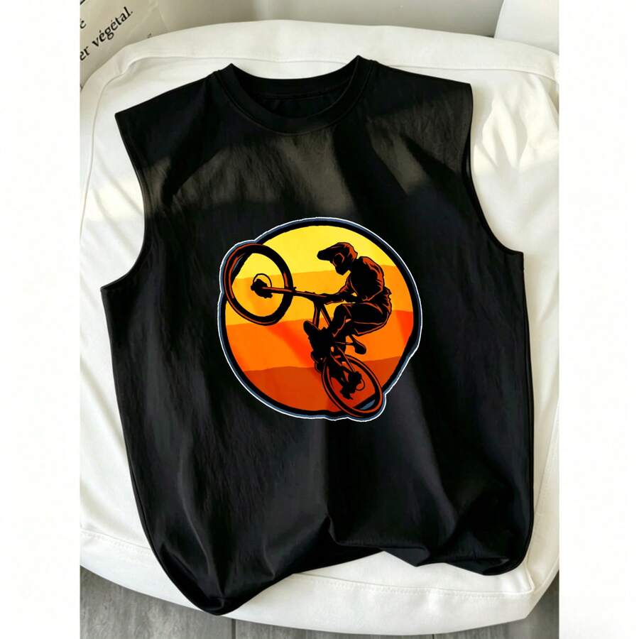 Alta Transpirabilidad, Camiseta Sin Mangas, Hombre, Secado Rápido, Ciclismo, Diseño Gráfico de Atardecer - Negro - Ver 1
