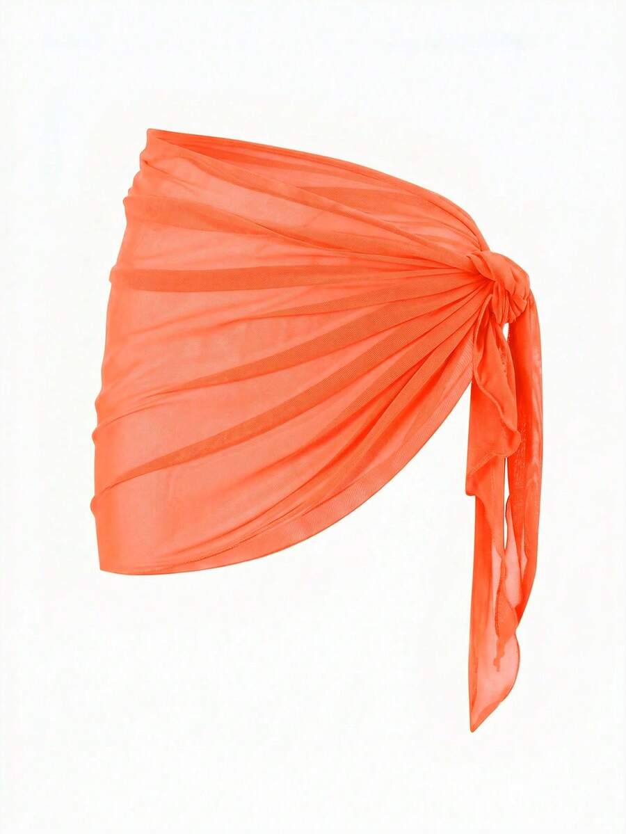 Solid Color Mesh Swim Basics Skirt For Beach And Resort, Ideal For Summer Beach Vacations. XUQA - Orange - View 1