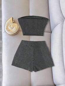 Women's Summer Elegant Strapless Top & Fitted Casual Shorts Knit Slightly Elastic Set For Party And Gym - Dark Grey - View 3