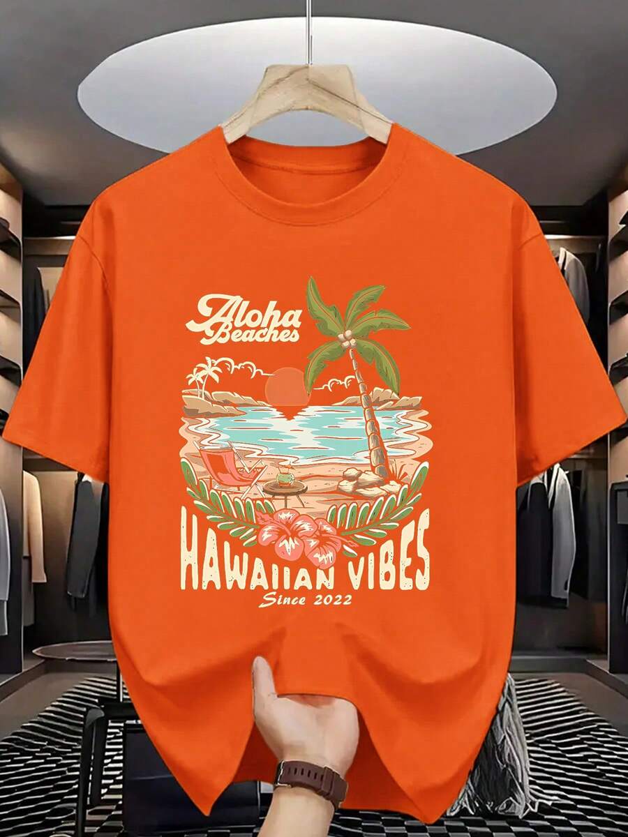 Camiseta de verano para hombre, de cuello redondo, holgada, moderna, versátil, de manga corta, casual, cómoda, transpirable, con un elegante estampado. - Naranja - Ver 1