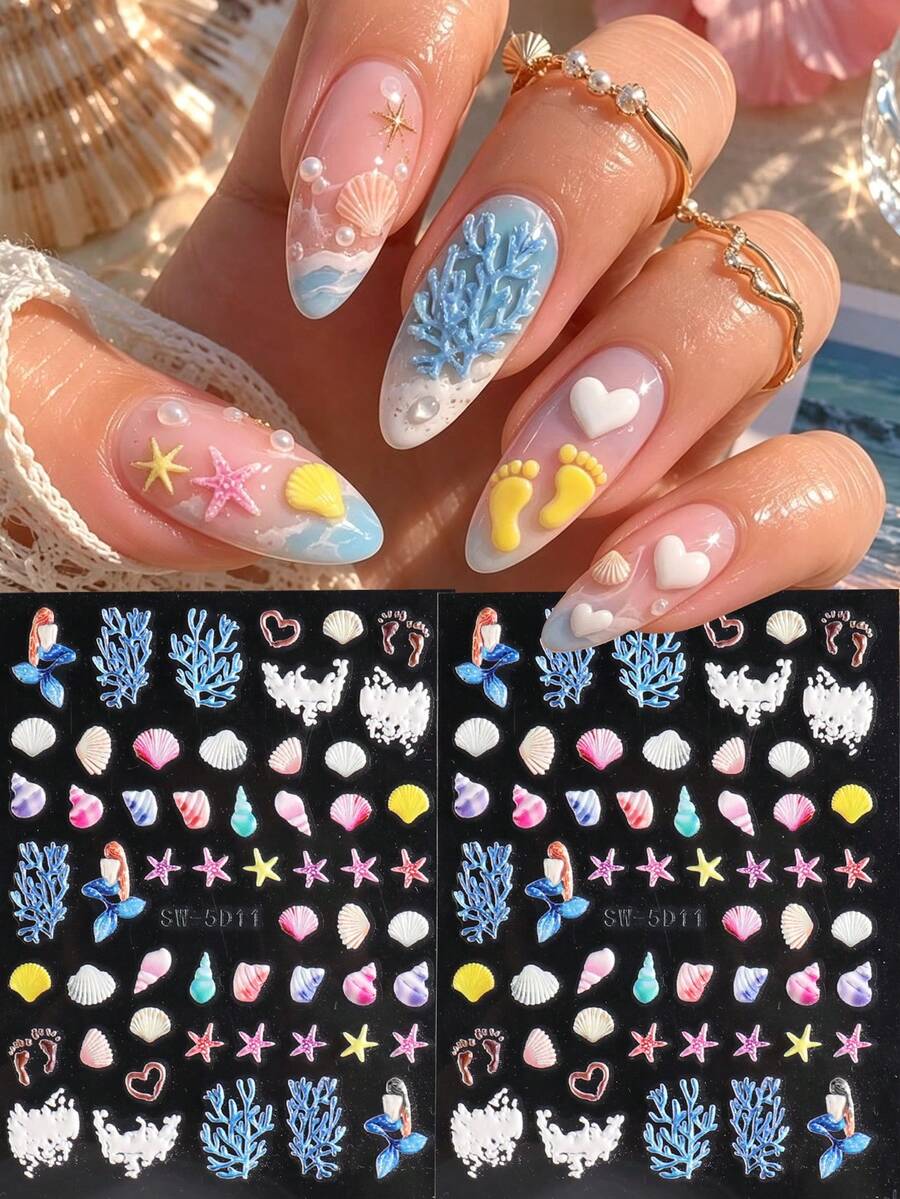 2張5D浮雕海洋美人魚美甲貼紙 夏季海灘美甲貼花 3D貝殼海星珊瑚波浪 自黏式美甲貼片 熱帶海洋美甲裝飾 美甲用品 女款度假美甲 - 彩色 - 查看 1
