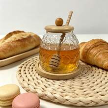 Clear Honeycomb Glass Honey Jar With Wooden Honey Stick & Bamboo Base Airtight Honey Storage Pot Decorative Honey Container For Home Coffee Shop Breakfast Table Decor - Multicolor - View 6