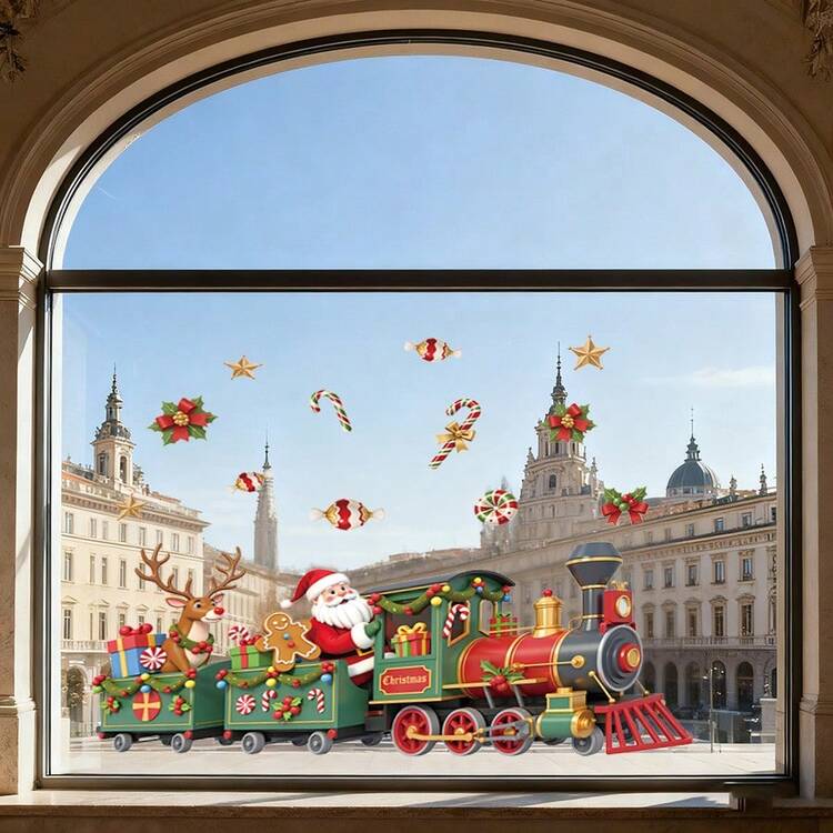 1 Large Removable Christmas Train Window Decal Featuring Santa, Reindeer, And Candy Cane Designs-PVC-Style Sticker (11.8" X 23.6" / 30 X 60 Cm)-Suitable For Home, Shop, And Cafe Windows-Easy-To-Apply Festive Party Decoration. - View 5