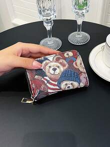 Women's Cartoon Accordion Zipper Card Holder With Bear Embroidery, Multi-Slot Coin & Card Wallet - Black - View 2