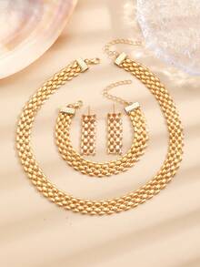 1 Set Elegant Minimalist Hollow Wide Necklace Bracelet Earrings Geometric Mesh Collarbone Chain High-End Versatile Women's Jewelry Set, Suitable For Daily Wear And Parties, Jewelry Accessories - D - View 12