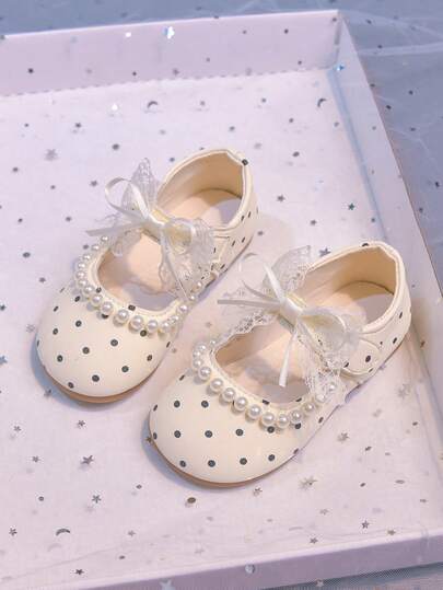 1 Pair Girls Polka Dot Pearl Lace Bow Mary Jane Shoes, Soft Sole Princess Shoes, Suitable For Baby Party, Birthday, Gift And Daily Wear