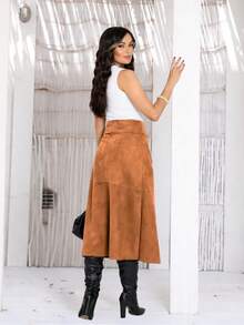 Women's Casual Elegant Suede Midi Skirt With Pockets, Front Slit And Back Zipper P M G GG Casual - 駝色 - 查看 1