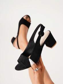 Minimalist Chunky Heeled Suedette Slingback Sandals, Black Elegant Solid Color Open Heel Shoes,Spring Summer Outfits - Black - View 5