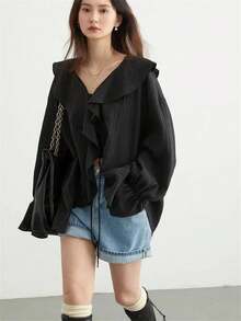 Blusa suelta con cuello en V y cordones para mujer, longitud media con volantes - Albaricoque - Ver 3