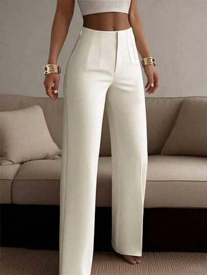 Pantalon droit à jambes larges de couleur unie pour femmes, pantalon polyvalent minimaliste pour le travail et les déplacements
