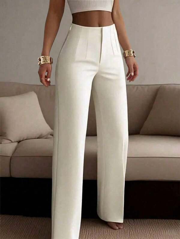 Women's Solid Color Wide Leg Straight Casual Pants, Minimalist Business Versatile Commuter Trousers, Quiet Luxury