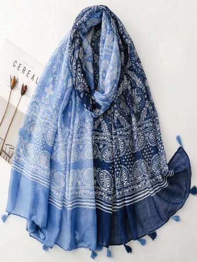 1pc Blue & White Gradient Cashew Flower Tassel Print Scarf, Vintage , Yunnan Lijiang Travel Vacation Shawl