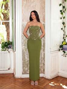 Sexy Women's Heavy Industrial Style Pearl & Rhinestone Embellished Strapless Sleeveless Slit Bandage Dress,  Wedding Guest Party  Dress - Green - View 5