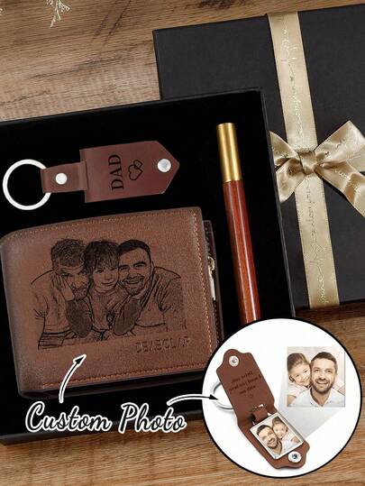 Juego de regalo de cartera de cuero personalizada, personalizable con foto y texto, regalo del Día del Padre, cumpleaños, Navidad, incluye llavero, bolígrafo y caja de regalo, tono verde bos