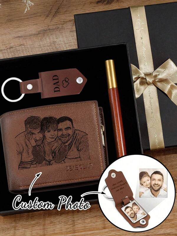Juego de regalo de cartera de cuero personalizada, personalizable con foto y texto, regalo del Día del Padre, cumpleaños, Navidad, incluye llavero, bolígrafo y caja de regalo, tono verde bos