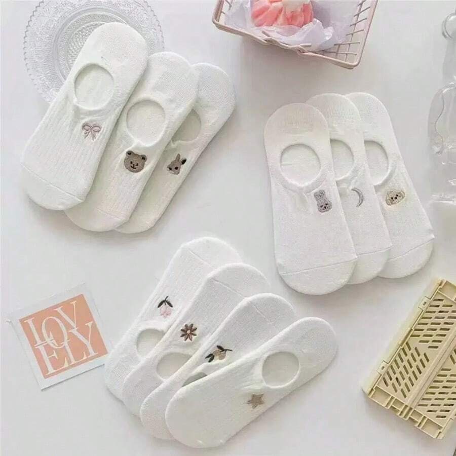 1/3/5 Pairs Random White Cartoon Boat Socks, Breathable And Comfortable, Suitable For All Seasons (6/10/15) - White - View 1