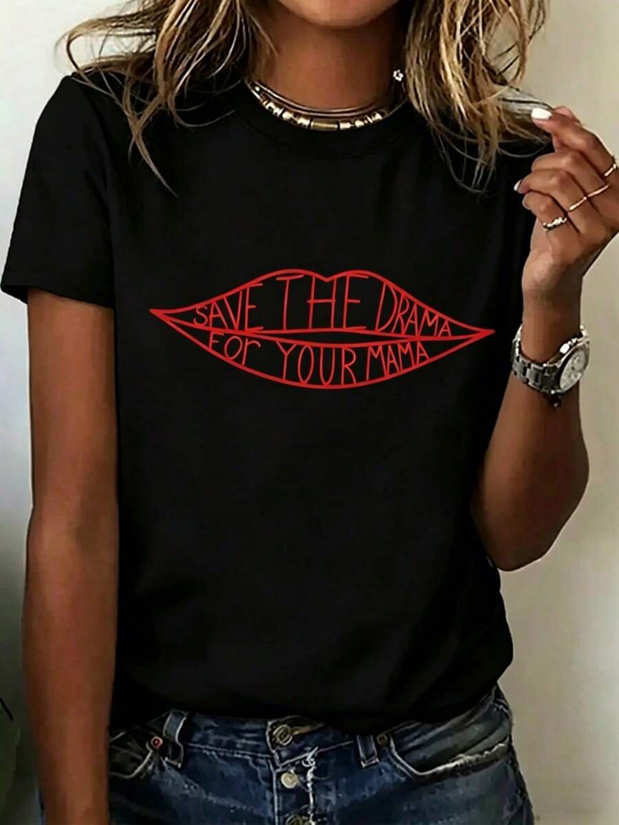 2026 LC Save Drama Your Mama Short Sleeve T-Shirt With Round Neck And Print, For Casual Daily Wear, Retro T-Shirt, Unisex, Clothing, 100% Cotton Sweatshirt. - 黑色 - 查看 1