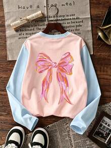 Tween Girl 1pc Printed Patchwork Contrast Color Long Sleeve T-Shirt, Suitable For Girls' Autumn/Winter Tops, Young Students Children's Clothing, Suitable For Outerwear And Layering - Pink - View 4