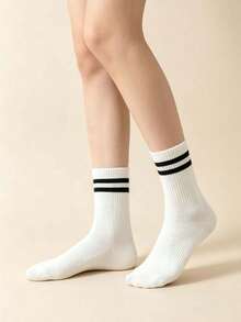 1/6 Pairs Women's Solid Color Striped Mid-Calf Socks, Soft Breathable Comfortable Casual Sports Socks, Suitable For Daily Wear, Back To School, All Seasons - Multicolor - View 3