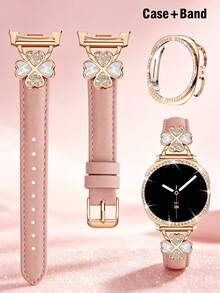Galaxy Watch 8 錶帶 + 錶殼，1 條粉色男女通用鑲嵌立方鋯石金屬優雅錶帶 + 1 個亮面款式（不含螢幕保護貼），相容 Galaxy Watch 8 40mm 與 44mm 錶殼，可調節替換錶帶配件，適合男女運動錶帶 - 粉紅色玫扣+殼 - 查看 2