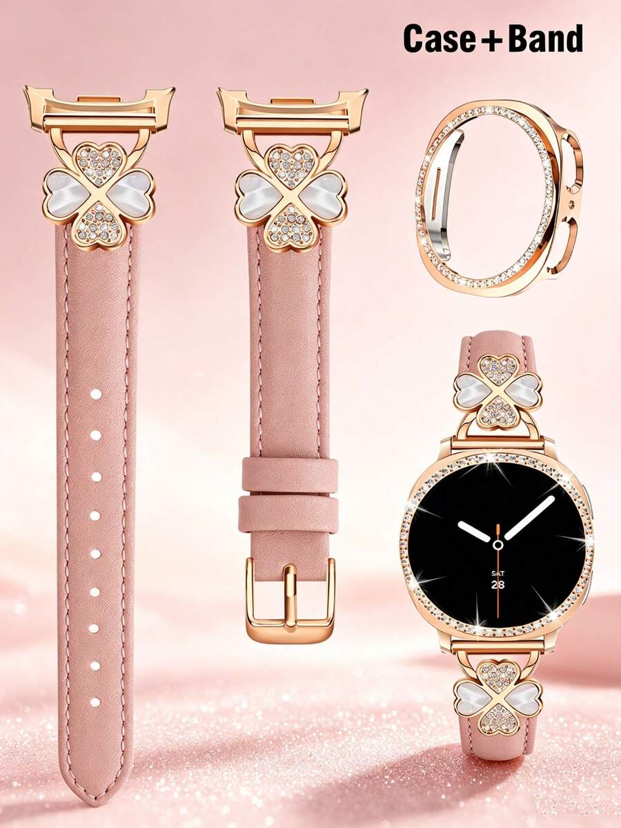 Galaxy Watch 8 錶帶 + 錶殼，1 條粉色男女通用鑲嵌立方鋯石金屬優雅錶帶 + 1 個亮面款式（不含螢幕保護貼），相容 Galaxy Watch 8 40mm 與 44mm 錶殼，可調節替換錶帶配件，適合男女運動錶帶