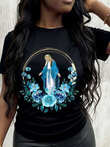 Religious Art For Women T Shirt,Virgin Mary With Blue Floral Pattern,Suitable For Spring And Summer Wear,It Is The Perfect Gift For Loyal Friends And - Black - View 2