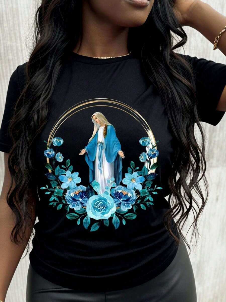 Religious Art For Women T Shirt,Virgin Mary With Blue Floral Pattern,Suitable For Spring And Summer Wear,It Is The Perfect Gift For Loyal Friends And