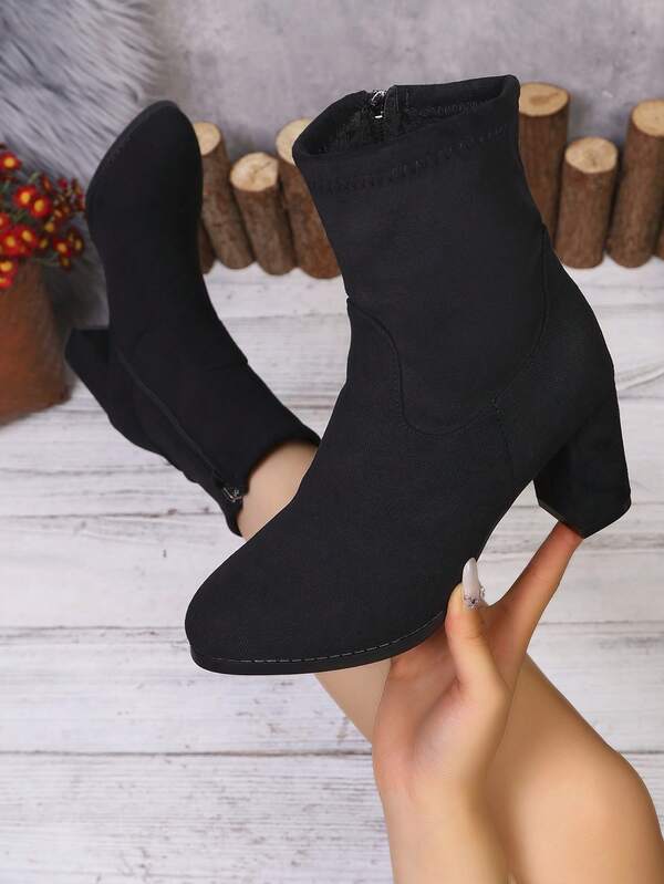 Black Suede Chunky Heel Ankle Boots For Women, Side Zipper Elastic Slimming Fashion Boots, Autumn/Winter Commute & Date High Heel Ankle Boots