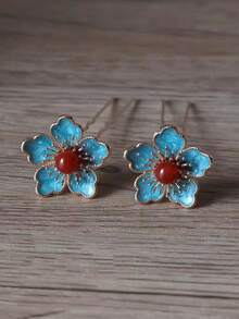 Blue Glazed Small Flower Hair Pin U-Shaped Hair Stick For Commuting Updo Hairstyles, Floral Hanfu Hair Pin, New Chinese Style Hair Accessory,Bun Extension - Multicolor - View 9