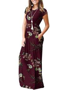 Maxi Vestido Largo de Manga Corta para Mujer con Bolsillos - flor azul marino - Ver 2