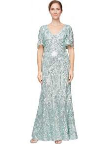 Alex Evenings - Vestido Largo para Madre de la Novia con Mangas voladas para Mujer con Cintura Imperio Fruncido (Tallas pequeñitas y Normales) - Malla violeta - Ver 28