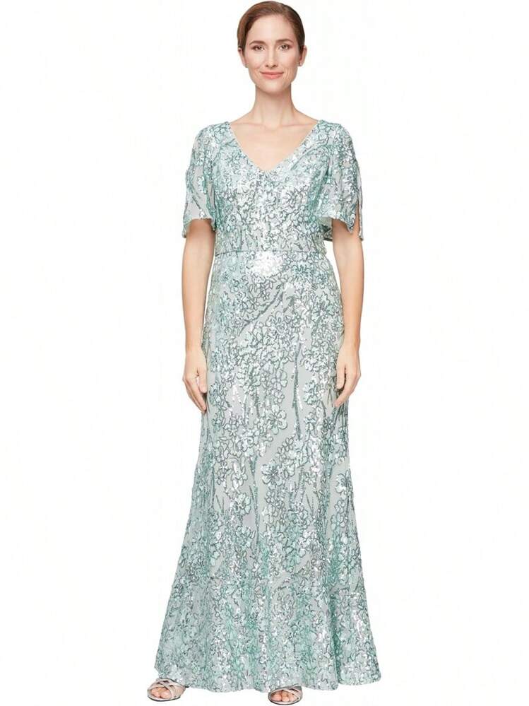 Alex Evenings - Vestido Largo para Madre de la Novia con Mangas voladas para Mujer con Cintura Imperio Fruncido (Tallas pequeñitas y Normales) - Encaje con cordón Wedgewood - Añade 28