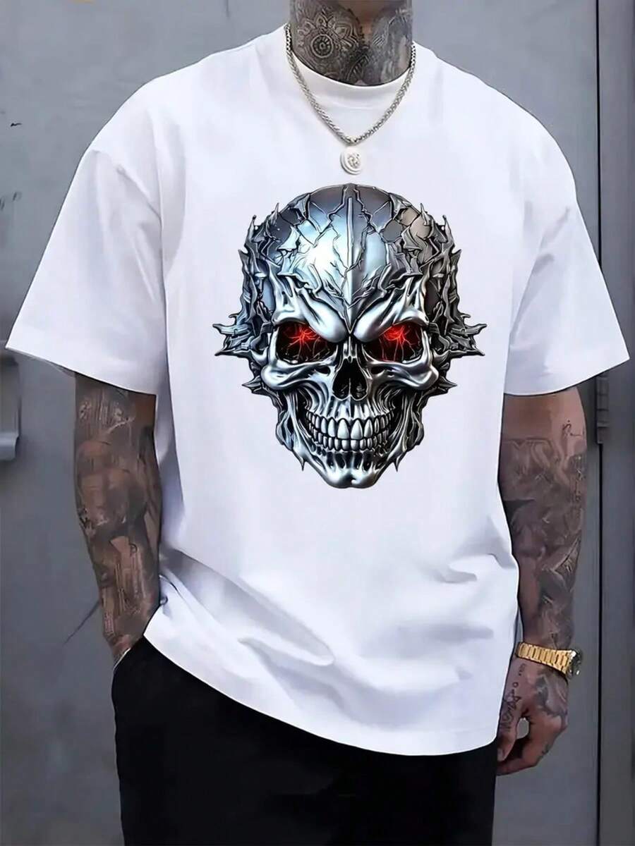 Men'S Plus Size T-Shirt Made Of 100% Featuring A Stylish Skull Design. A Comfortable Short-Sleeve Tee Perfect For Summer Wear - 白色 - 查看 1