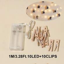 1pc 1-10m LED Copper Wire String Lights With Wooden Photo Clips, 10 Clips Per Meter (±2-3 Clips Error), Hanging Photo Cards Fairy Lights, Photo Wall Decoration Lights, Bedroom Atmosphere Decorative Light String, Suitable For Girls' Room Birthday Party Anniversary Home Decor - 銅色線 - 查看 14