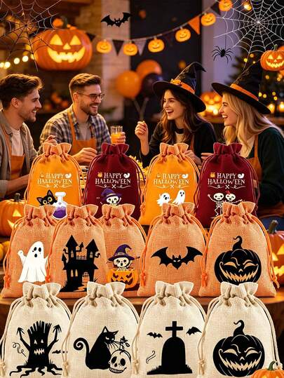 1 Set Halloween Drawstring Bags, Gift Storage Bags, Halloween Party Candy And Small Gift Packaging Bags, Drawstring Fabric Bags, Haunted House Party Souvenir Packaging Bags, Reusable Jewelry And Snack Storage Bags, Holiday Gift Packaging Bags