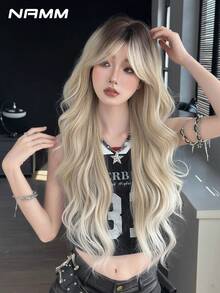 NAMM 28-Inch Extra Long Wavy Light Golden Wig For WomenWith Curtain Bangs Dark Roots, Synthetic Fiber Hair Full Machine Costume Hair Wigs For Cosplay Decoration Music Festival Dance Party Street Wear Use-Beginners Glueless Wig Accessories - Gold - View 5