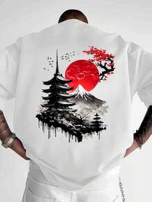 [Comfortable|Loose] Comfortable Loose Japanese Style T-Shirt | Red Sun Landscape Tower Pattern | Traditional Architecture Cherry Blossom Mountain View - 白色 - 查看 9