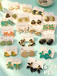 20-Piece Stainless Steel Multi-Element Earring Set – Flower, Star, And Shell Styles – Women's Fashion Jewelry & Earrings - Multicolor - View 1